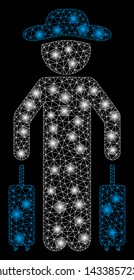 Glossy mesh gentleman passenger with lightspot effect. Abstract illuminated model of gentleman passenger icon. Shiny wire frame polygonal mesh gentleman passenger.