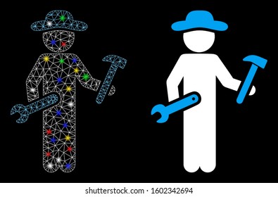 Glossy mesh gentleman serviceman icon with lightspot effect. Abstract illuminated model of gentleman serviceman. Shiny wire frame polygonal mesh gentleman serviceman icon.
