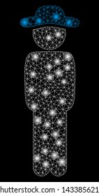 Glossy mesh gentleman standing with lightspot effect. Abstract illuminated model of gentleman standing icon. Shiny wire frame triangular mesh gentleman standing.