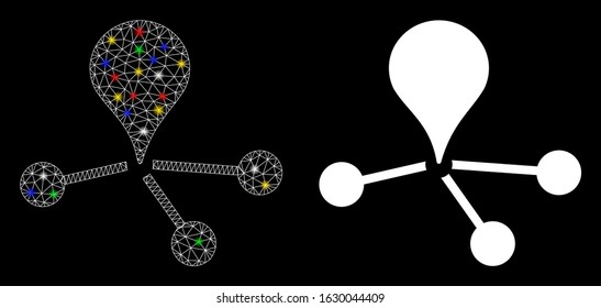 Glossy mesh geo network icon with glitter effect. Abstract illuminated model of geo network. Shiny wire carcass triangular mesh geo network icon. Vector abstraction on a black background.