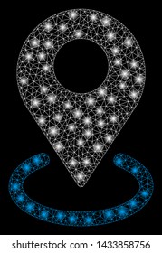 Glossy mesh geo targeting with lightspot effect. Abstract illuminated model of geo targeting icon. Shiny wire frame polygonal mesh geo targeting. Vector abstraction on a black background.