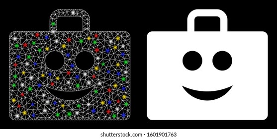 Glossy mesh glad case icon with glare effect. Abstract illuminated model of glad case. Shiny wire carcass triangular mesh glad case icon. Vector abstraction on a black background.