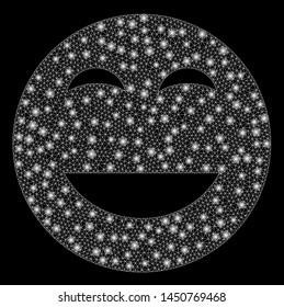 Glossy mesh glad smiley with glitter effect. Abstract illuminated model of glad smiley icon. Shiny wire frame polygonal mesh glad smiley. Vector abstraction on a black background.