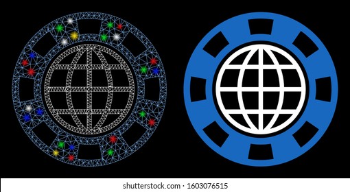 Glossy mesh global casino chip icon with glare effect. Abstract illuminated model of global casino chip. Shiny wire frame polygonal mesh global casino chip icon.