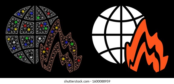 Glossy mesh global fire icon with glow effect. Abstract illuminated model of global fire. Shiny wire carcass triangular mesh global fire icon. Vector abstraction on a black background.