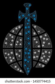 Glossy mesh global guard with glare effect. Abstract illuminated model of global guard icon. Shiny wire carcass triangular mesh global guard. Vector abstraction on a black background.