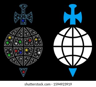 Glossy mesh global guard icon with glow effect. Abstract illuminated model of global guard. Shiny wire carcass triangular mesh global guard icon. Vector abstraction on a black background.
