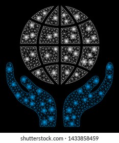 Glossy mesh global hands with glitter effect. Abstract illuminated model of global hands icon. Shiny wire carcass triangular network global hands. Vector abstraction on a black background.