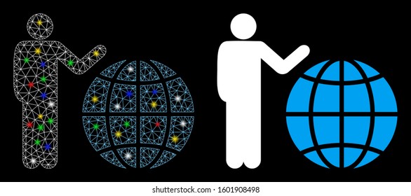 Glossy mesh global marketing icon with glare effect. Abstract illuminated model of global marketing. Shiny wire carcass polygonal mesh global marketing icon. Vector abstraction on a black background.