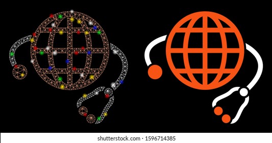 Glossy mesh global medicine icon with glare effect. Abstract illuminated model of global medicine. Shiny wire carcass polygonal mesh global medicine icon. Vector abstraction on a black background.