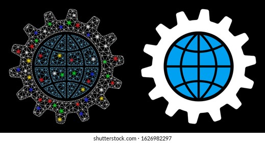 Glossy mesh global options icon with glare effect. Abstract illuminated model of global options. Shiny wire carcass triangular mesh global options icon. Vector abstraction on a black background.