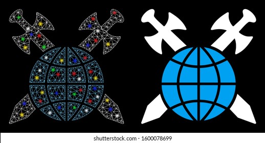 Glossy mesh global protection icon with glare effect. Abstract illuminated model of global protection. Shiny wire frame polygonal mesh global protection icon. Vector abstraction on a black background.