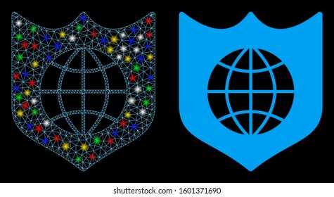 Glossy mesh global shield icon with glow effect. Abstract illuminated model of global shield. Shiny wire carcass polygonal network global shield icon. Vector abstraction on a black background.
