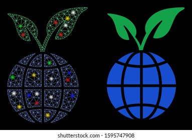 Glossy mesh global sprout icon with glare effect. Abstract illuminated model of global sprout. Shiny wire carcass polygonal network global sprout icon. Vector abstraction on a black background.