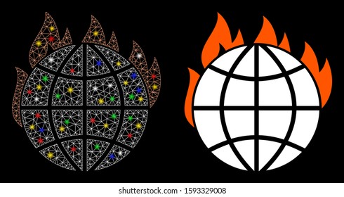 Glossy mesh global warming fire icon with sparkle effect. Abstract illuminated model of global warming fire. Shiny wire frame triangular mesh global warming fire icon.