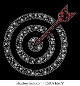 Glossy mesh goal with glow effect. Abstract illuminated model of goal icon. Shiny wire carcass polygonal mesh goal. Vector abstraction on a black background.