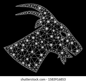 Glossy mesh goat head with lightspot effect. Abstract illuminated model of goat head icon. Shiny wire carcass triangular mesh goat head. Vector abstraction on a black background.