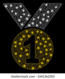 Glossy mesh gold medal with glare effect. Abstract illuminated model of gold medal icon. Shiny wire frame polygonal mesh gold medal. Vector abstraction on a black background.