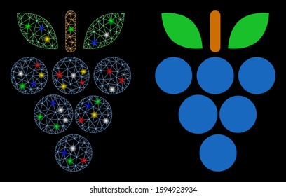 Glossy mesh grapes icon with glow effect. Abstract illuminated model of grapes. Shiny wire frame triangular mesh grapes icon. Vector abstraction on a black background.