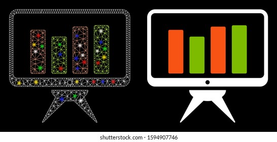 Glossy mesh graph monitoring icon with glare effect. Abstract illuminated model of graph monitoring. Shiny wire frame polygonal network graph monitoring icon. Vector abstraction on a black background.