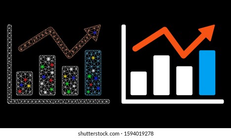 Glossy mesh graphs icon with lightspot effect. Abstract illuminated model of graphs. Shiny wire frame polygonal mesh graphs icon. Vector abstraction on a black background.