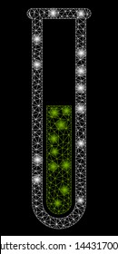 Glossy mesh green liquid test tube with lightspot effect. Abstract illuminated model of green liquid test tube icon. Shiny wire carcass triangular mesh green liquid test tube.