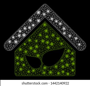 Glossy mesh greenhouse with glitter effect. Abstract illuminated model of greenhouse icon. Shiny wire carcass polygonal mesh greenhouse. Vector abstraction on a black background.