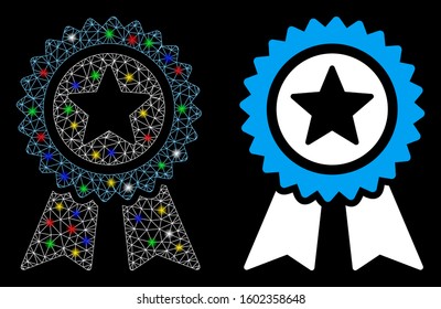 Glossy mesh guarantee icon with sparkle effect. Abstract illuminated model of guarantee. Shiny wire frame triangular mesh guarantee icon. Vector abstraction on a black background.