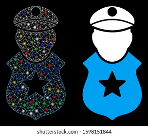 Glossy mesh guard man icon with glare effect. Abstract illuminated model of guard man. Shiny wire carcass triangular network guard man icon. Vector abstraction on a black background.