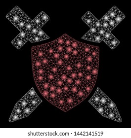 Glossy mesh guard shield with glitter effect. Abstract illuminated model of guard shield icon. Shiny wire frame triangular mesh guard shield. Vector abstraction on a black background.