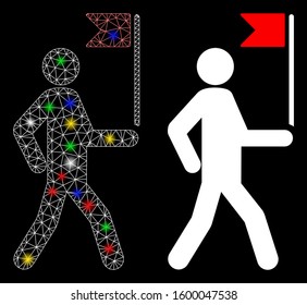 Glossy mesh guide man with flag icon with lightspot effect. Abstract illuminated model of guide man with flag. Shiny wire carcass triangular mesh guide man with flag icon.