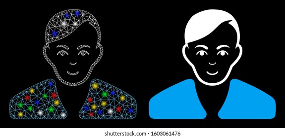 Glossy mesh guy icon with glow effect. Abstract illuminated model of guy. Shiny wire frame triangular network guy icon. Vector abstraction on a black background.
