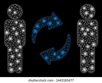 Glossy mesh guys exchange arrows with glitter effect. Abstract illuminated model of guys exchange arrows icon. Shiny wire frame triangular mesh guys exchange arrows.