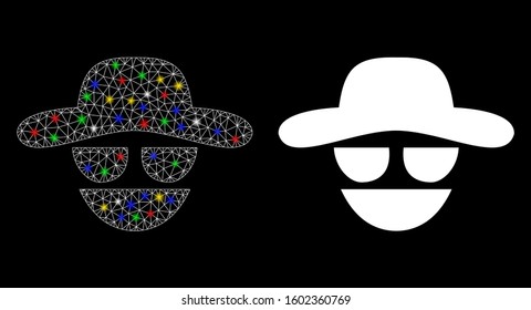Glossy mesh hacker icon with glow effect. Abstract illuminated model of hacker. Shiny wire carcass triangular mesh hacker icon. Vector abstraction on a black background.