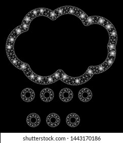 Glossy mesh hail weather with glow effect. Abstract illuminated model of hail weather icon. Shiny wire carcass triangular mesh hail weather. Vector abstraction on a black background.