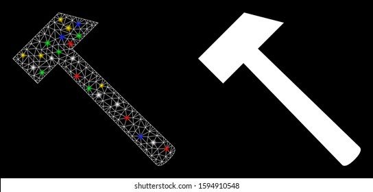 Glossy mesh hammer tool icon with sparkle effect. Abstract illuminated model of hammer tool. Shiny wire carcass triangular network hammer tool icon. Vector abstraction on a black background.