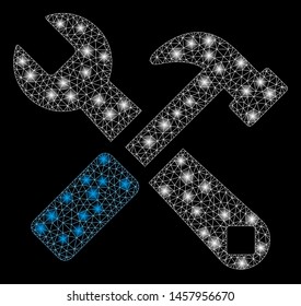 Glossy mesh hammer and wrench with glare effect. Abstract illuminated model of hammer and wrench icon. Shiny wire carcass polygonal mesh hammer and wrench. Vector abstraction on a black background.