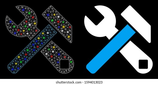 Glossy mesh hammer and wrench icon with lightspot effect. Abstract illuminated model of hammer and wrench. Shiny wire frame triangular mesh hammer and wrench icon.