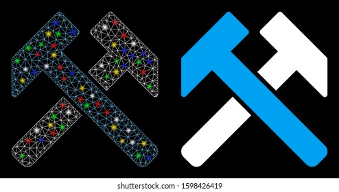 Glossy mesh hammers icon with lightspot effect. Abstract illuminated model of hammers. Shiny wire carcass triangular mesh hammers icon. Vector abstraction on a black background.