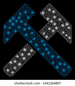 Glossy mesh hammers with lightspot effect. Abstract illuminated model of hammers icon. Shiny wire carcass polygonal mesh hammers. Vector abstraction on a black background.