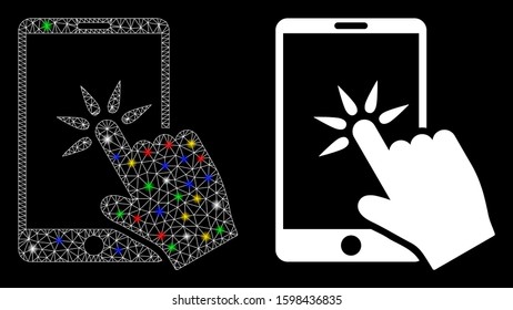 Glossy mesh hand click smartphone icon with glitter effect. Abstract illuminated model of hand click smartphone. Shiny wire frame polygonal mesh hand click smartphone icon.