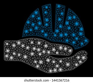 Glossy mesh hand with helmet with glare effect. Abstract illuminated model of hand with helmet icon. Shiny wire frame polygonal mesh hand with helmet. Vector abstraction on a black background.