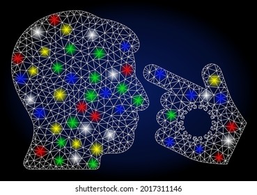 Glossy mesh hand infection with sparkle effect. Abstract illuminated vector model of hand infection icon on a dark blue gradiented background. White wire carcass triangular network hand infection.