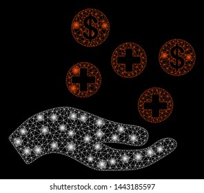 Glossy mesh hand offer medical service with glow effect. Abstract illuminated model of hand offer medical service icon. Shiny wire carcass polygonal mesh hand offer medical service.