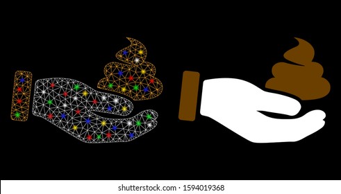 Glossy mesh hand offer shit icon with glare effect. Abstract illuminated model of hand offer shit. Shiny wire carcass polygonal mesh hand offer shit icon. Vector abstraction on a black background.