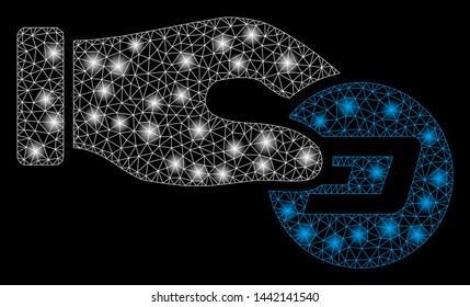 Glossy mesh hand pay Dash with glare effect. Abstract illuminated model of hand pay Dash icon. Shiny wire carcass triangular mesh hand pay Dash. Vector abstraction on a black background.
