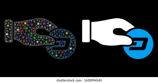 Glossy mesh hand pay Dash icon with sparkle effect. Abstract illuminated model of hand pay Dash. Shiny wire frame triangular mesh hand pay Dash icon. Vector abstraction on a black background.