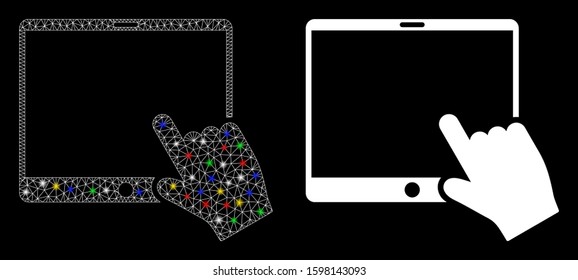 Glossy mesh hand pointer tablet icon with glare effect. Abstract illuminated model of hand pointer tablet. Shiny wire frame polygonal mesh hand pointer tablet icon.