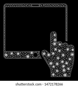 Glossy mesh hand points mobile tablet with glitter effect. Abstract illuminated model of hand points mobile tablet icon. Shiny wire carcass polygonal mesh hand points mobile tablet.
