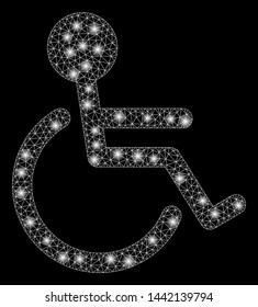 Glossy mesh handicapped with sparkle effect. Abstract illuminated model of handicapped icon. Shiny wire frame polygonal mesh handicapped. Vector abstraction on a black background.